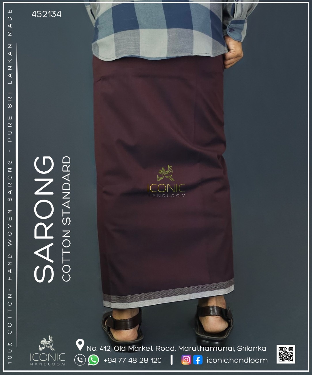 Handloom Cotton Sarong - Burgundy with Off White Bottom Border  -  ICS 452134