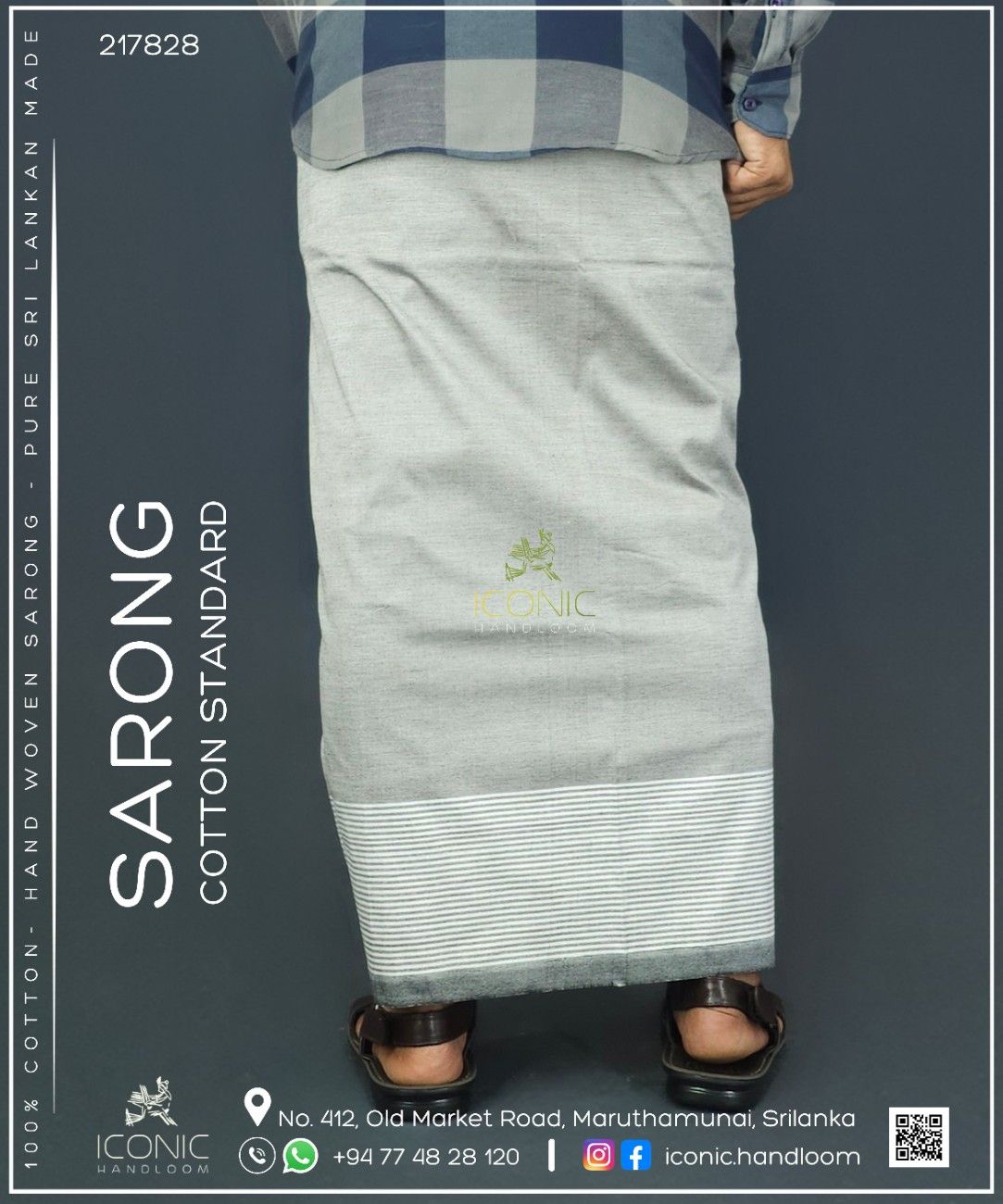 Handloom Cotton Sarong - Silver Grey with White Horizontal Stripes - ICS 217828