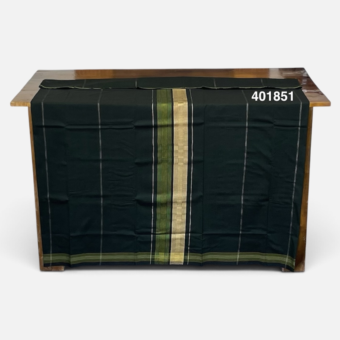 Handloom Cotton Puni Sarong - Dark Green and Gold with Multi Color Bottom Border - ICS 401851