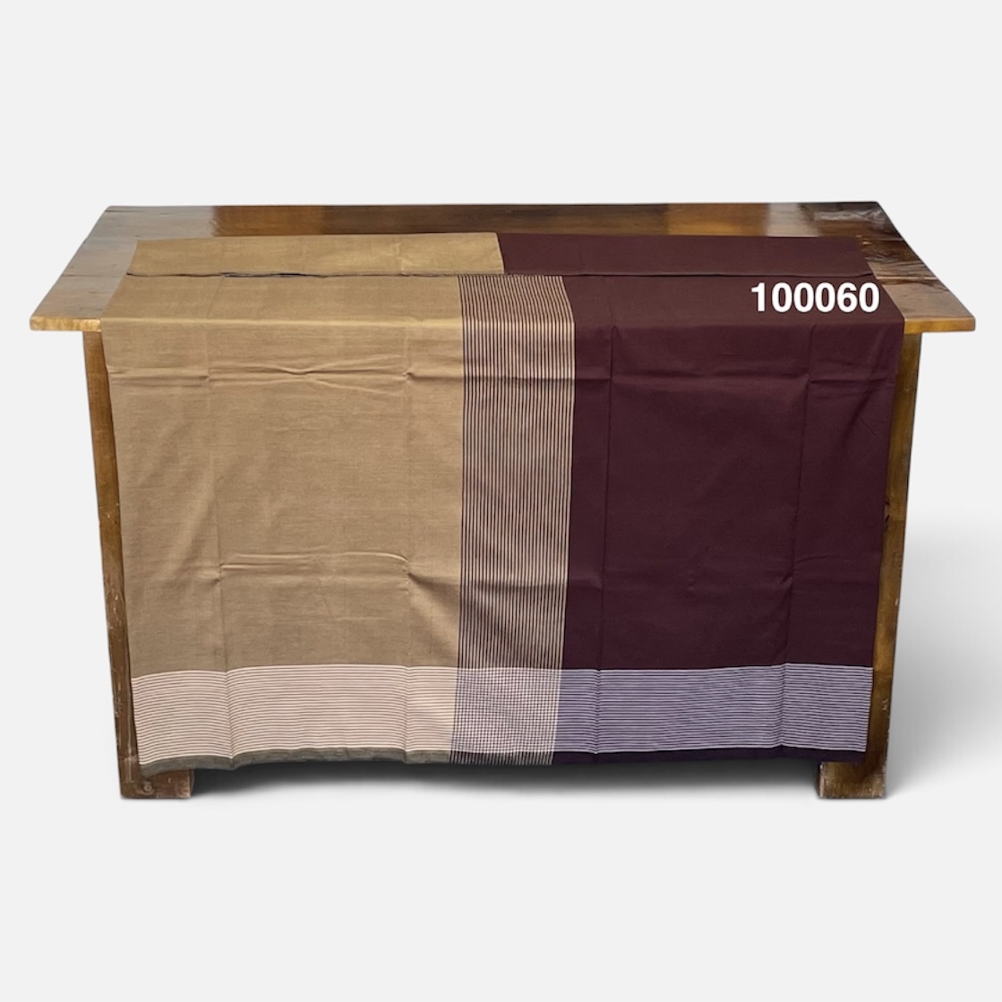 Handloom Cotton Sarong - Beige and Burgundy with Horizontal Stripes  -  ICS 100060