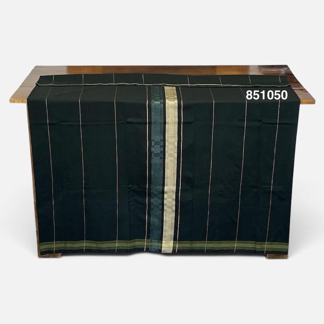 Handloom Cotton Puni Sarong - Dark Green, Aqa Blue and Beige with Multi Color Bottom Border - ICS 851050