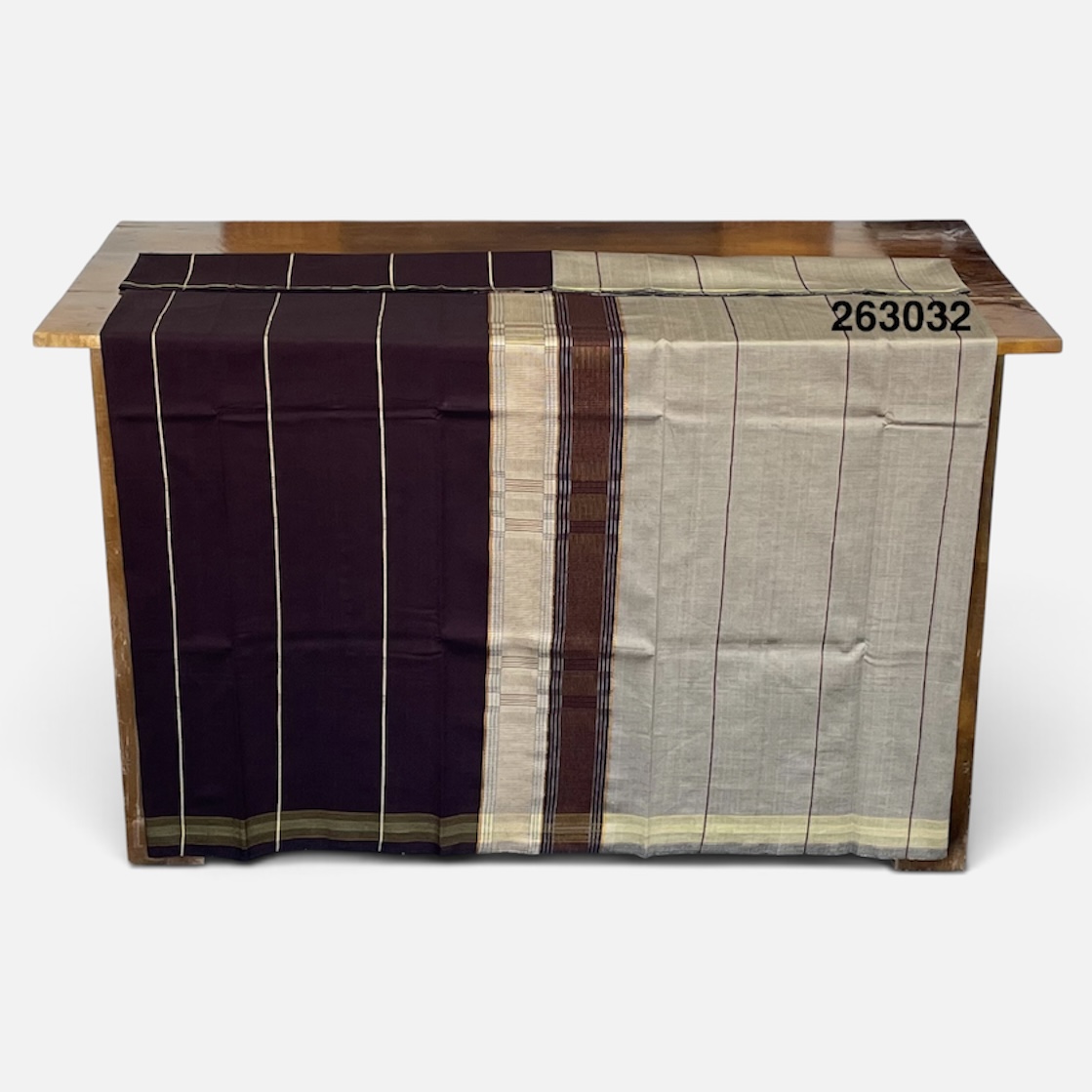 Handloom Cotton Puni Sarong - Deep Burgundy, Gold and Beige with Multi Color Bottom Border - ICS 263032