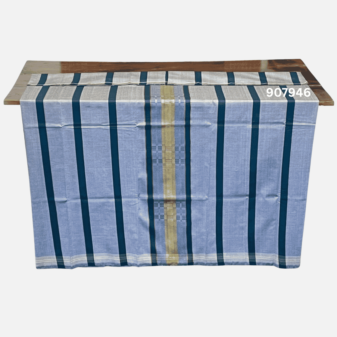Handloom Cotton Puni Sarong - Silver, Golden Yellow and Teal with Multi Color Bottom Border - ICS 907946