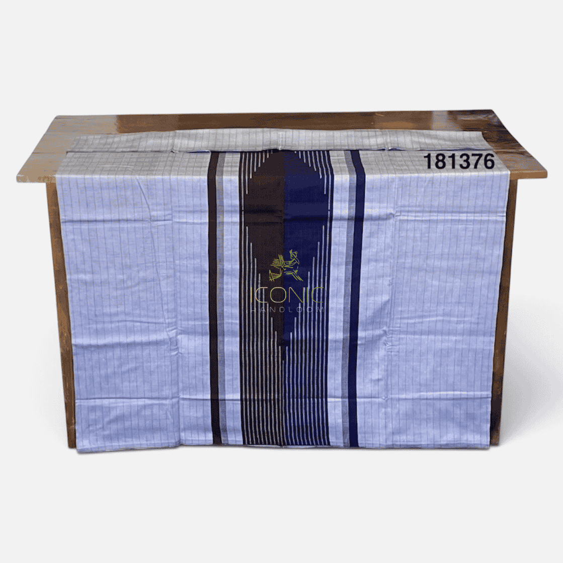 Handloom Cotton Full Puni Sarong - Silver and Royal Blue with Brown  - ICS 181376