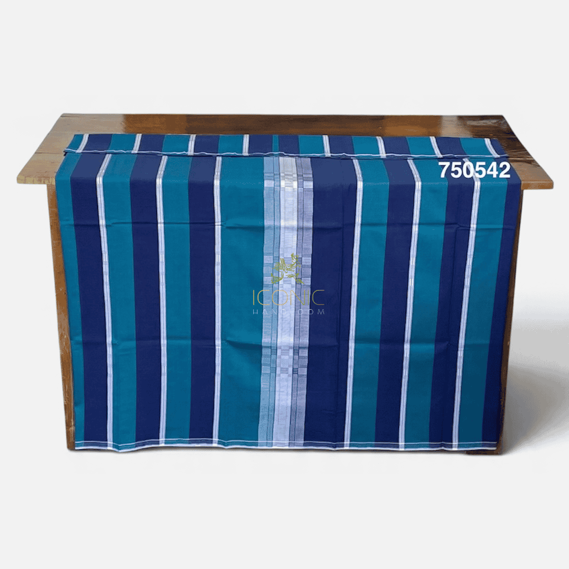 Handloom Cotton Puni Sarong - Teal, Royal Blue and Silver with Multi Color Bottom Border - ICS 750542