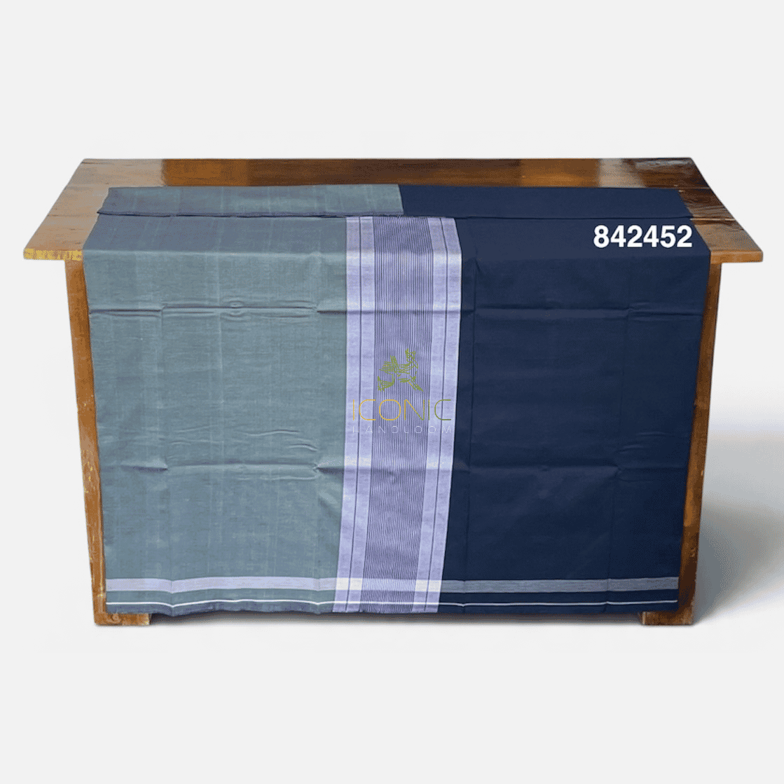 Handloom Cotton Sarong - Light Green, Royal Blue and Silver with Steel Blue  -  ICS 842452