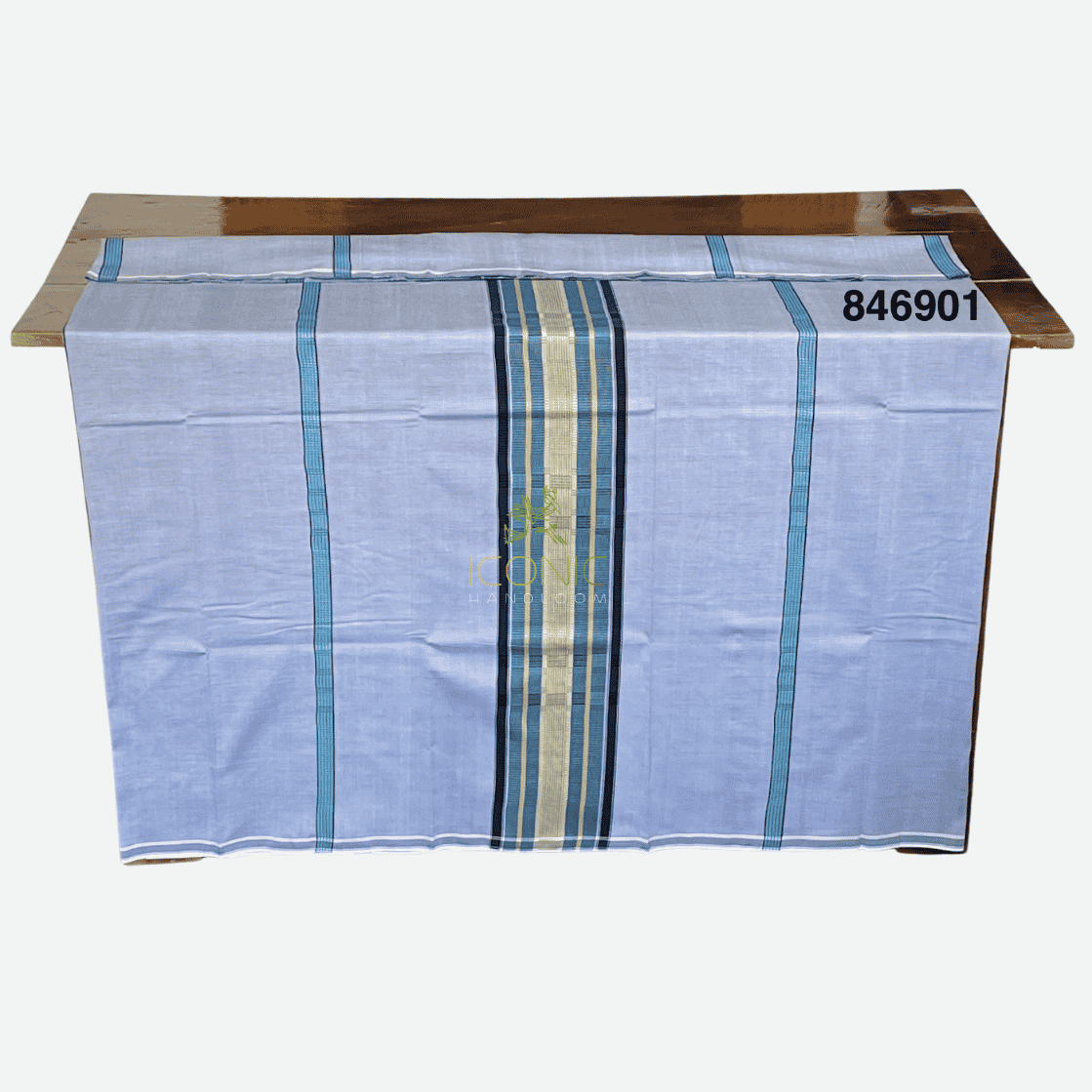 Handloom Cotton Puni Sarong - Silver, Sky Blue, Black and Cream with Multi Color Bottom Border - ICS 846901