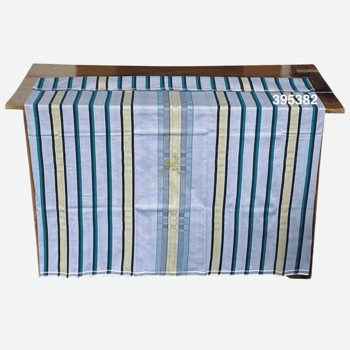 Handloom Cotton Puni Sarong - Silver, Teal, Black and Cream with Multi Color Bottom Border - ICS 395382