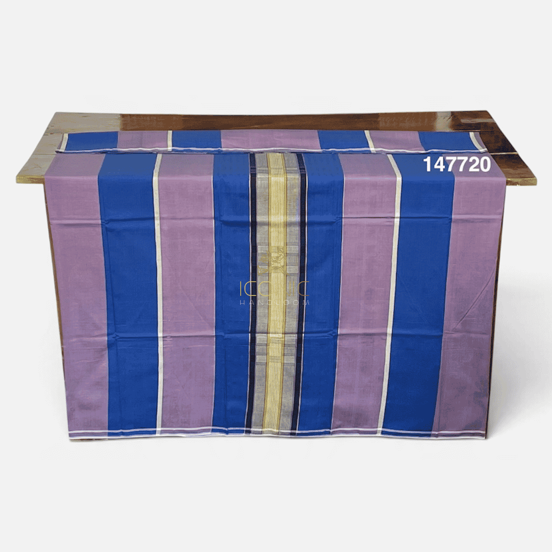 Handloom Cotton Puni Sarong - Royal Blue, Lavender, Mustard and Cream with Multi Color Bottom Border - ICS 147720