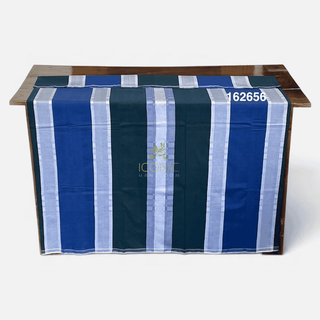 Handloom Cotton Puni Sarong - Deep Green, Royal Blue and Silver with Multi Color Bottom Border - ICS 162656