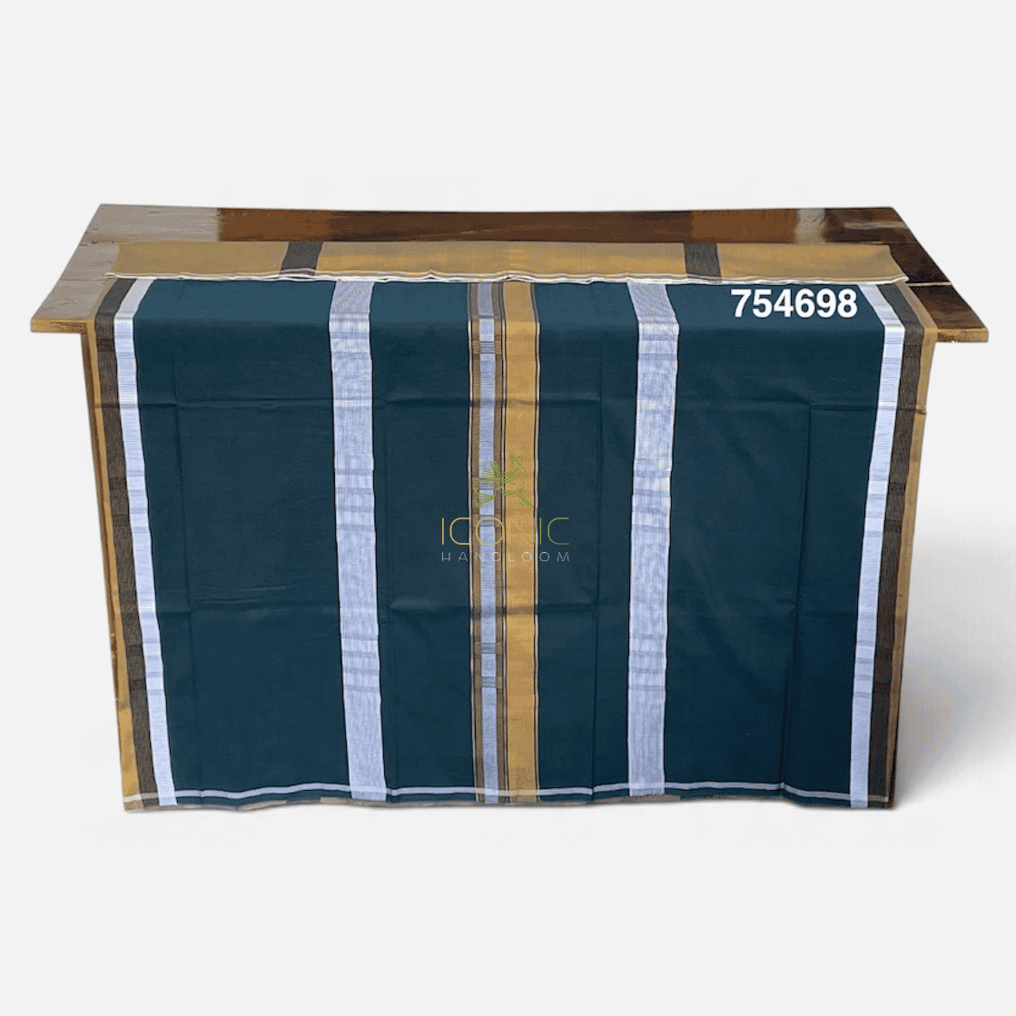 Handloom Cotton Puni Sarong - Deep Green, Mustard and Silver with Multi Color Bottom Border - ICS 754698