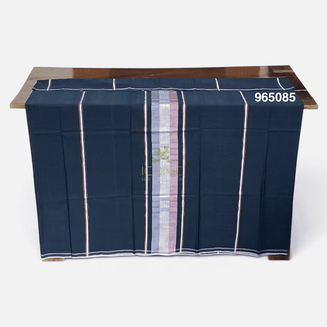 Handloom Cotton Puni Sarong - Steel Green, Royal Blue, Red and Silver with Multi Color Bottom Border - ICS 965085