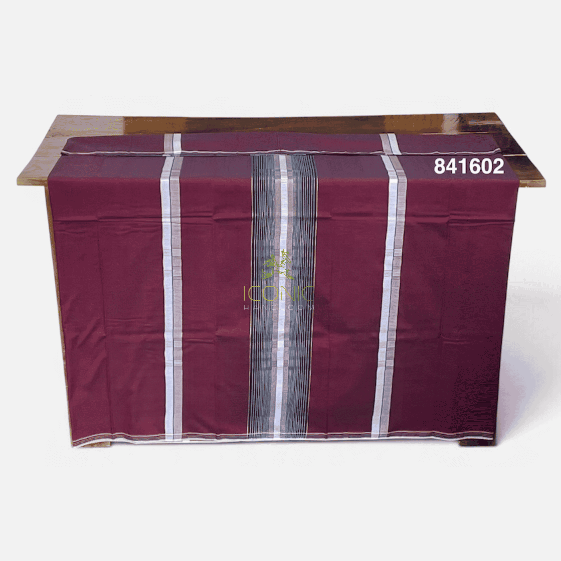 Handloom Cotton Puni Sarong - Maroon, Golden Yellow, Steel Green and Silver with Multi Color Bottom Border - ICS 841602
