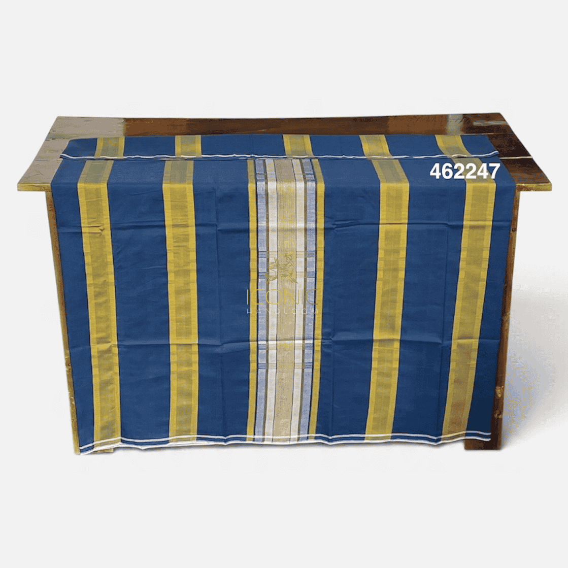 Handloom Cotton Puni Sarong - Dark Blue, Mustard and Silver with Multi Color Bottom Border - ICS 462247
