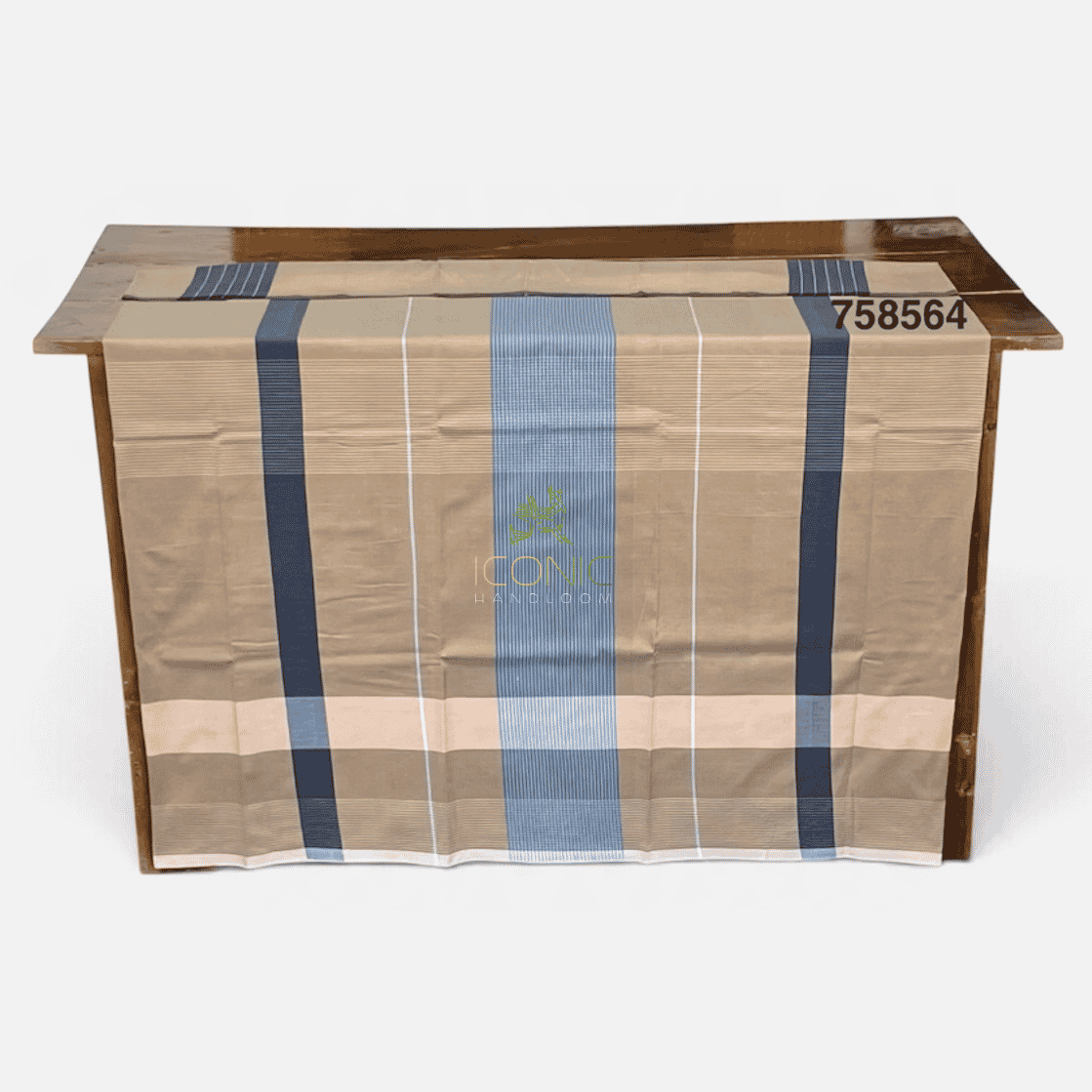 Handloom Cotton Sarong - Beige, Silver and Slate Blue with Horizontal Stripes  -  ICS 758564