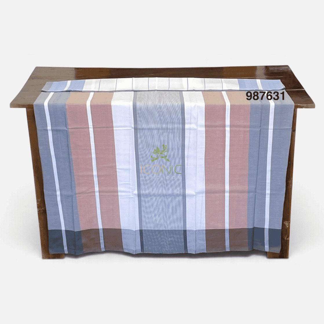 Handloom Cotton Sarong - White, Light Grey and Bright Sky Blue with Light Brown -  ICS 987631