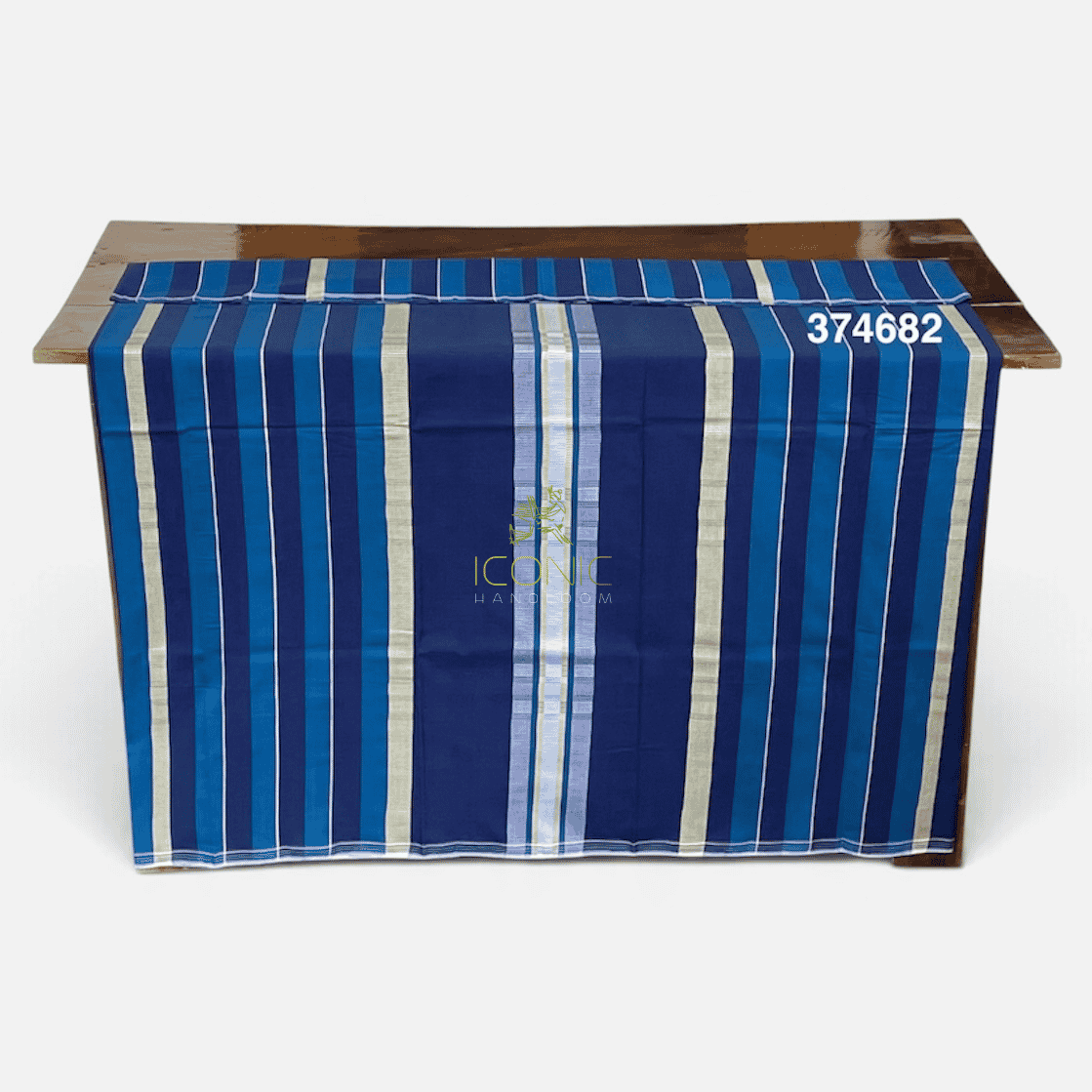 Handloom Cotton Puni Sarong - Royal Blue, Peacock Blue, Cream and Silver with Multi Color Bottom Border - ICS 374682