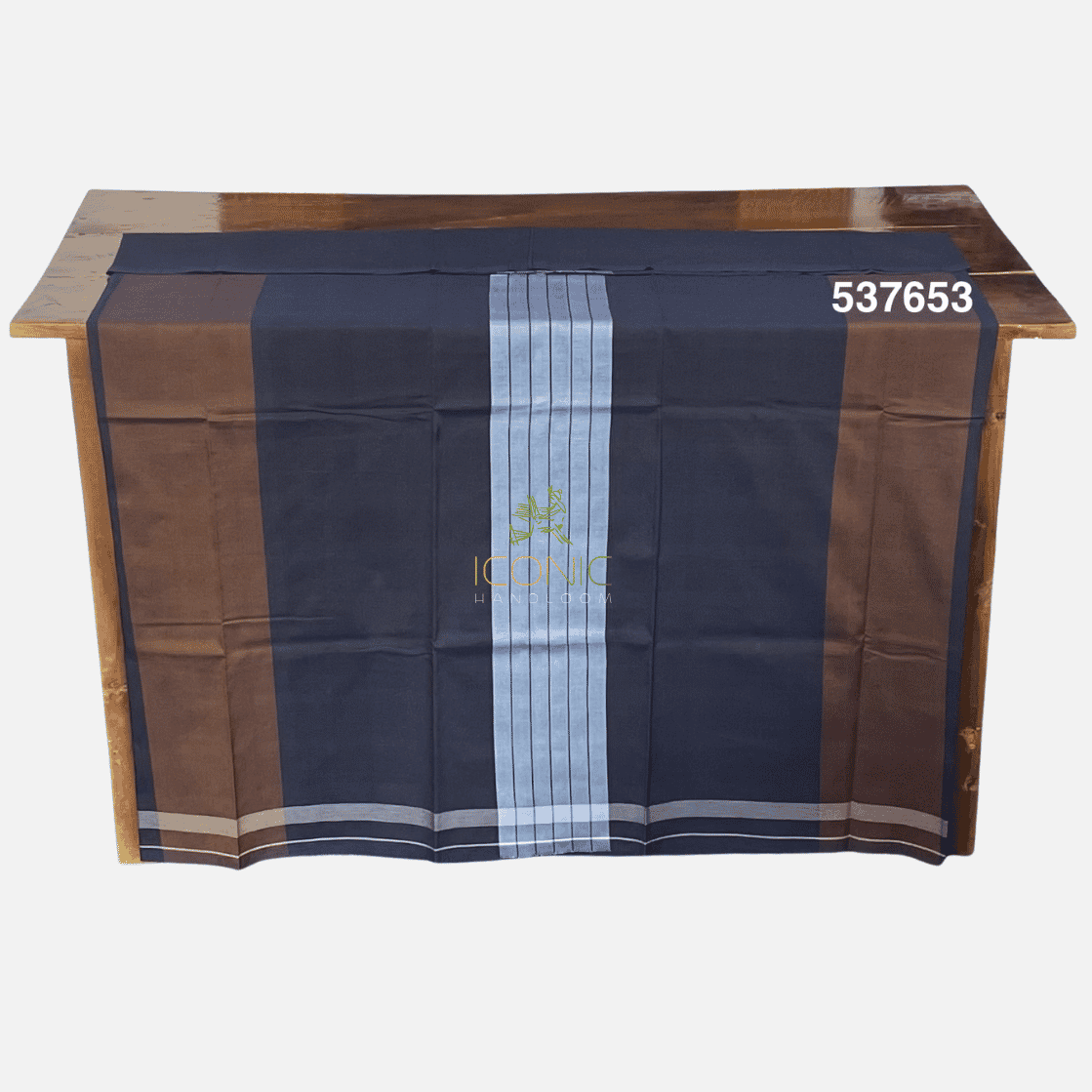 Handloom Cotton Sarong - Steel Blue, Ligh Brown and Slate Blue with Silver -  ICS 537653