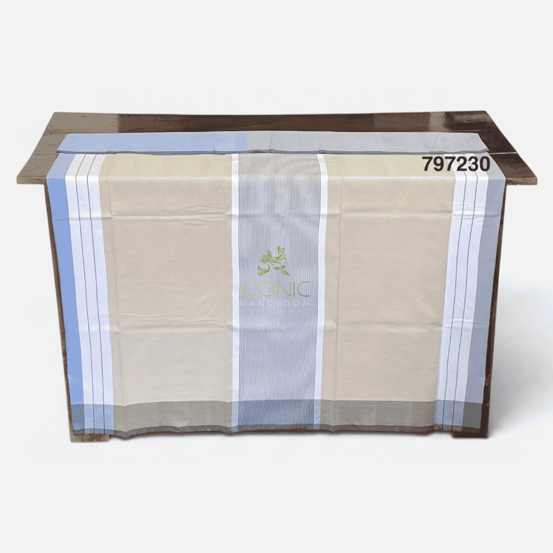 Handloom Cotton Sarong - Beige, White, Light Grey and Charcoal Grey with Bright Sky Blue -  ICS 797230