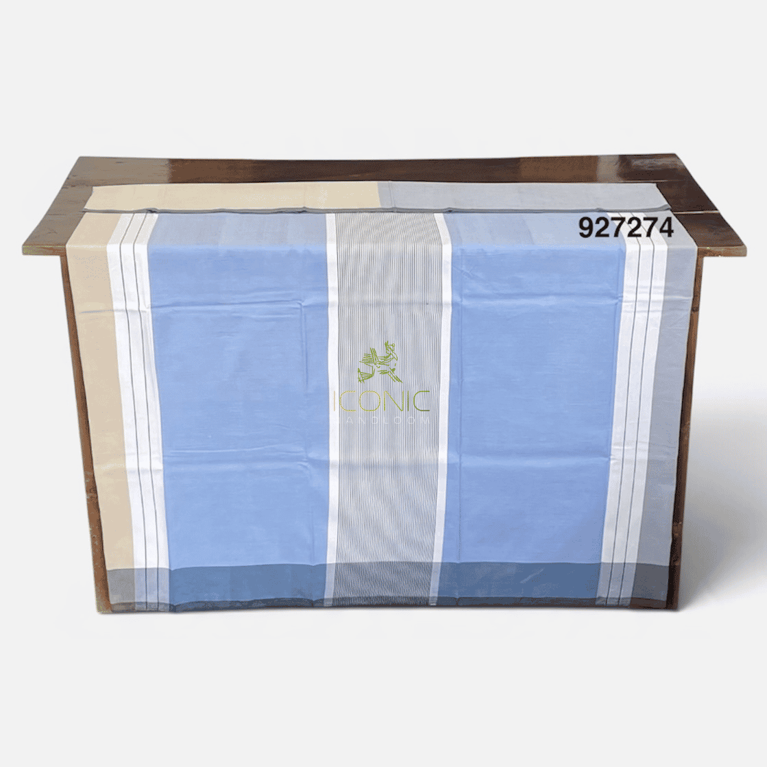 Handloom Cotton Sarong - Bright Sky Blue, White and Beige with Charcoal Grey-  ICS 927274
