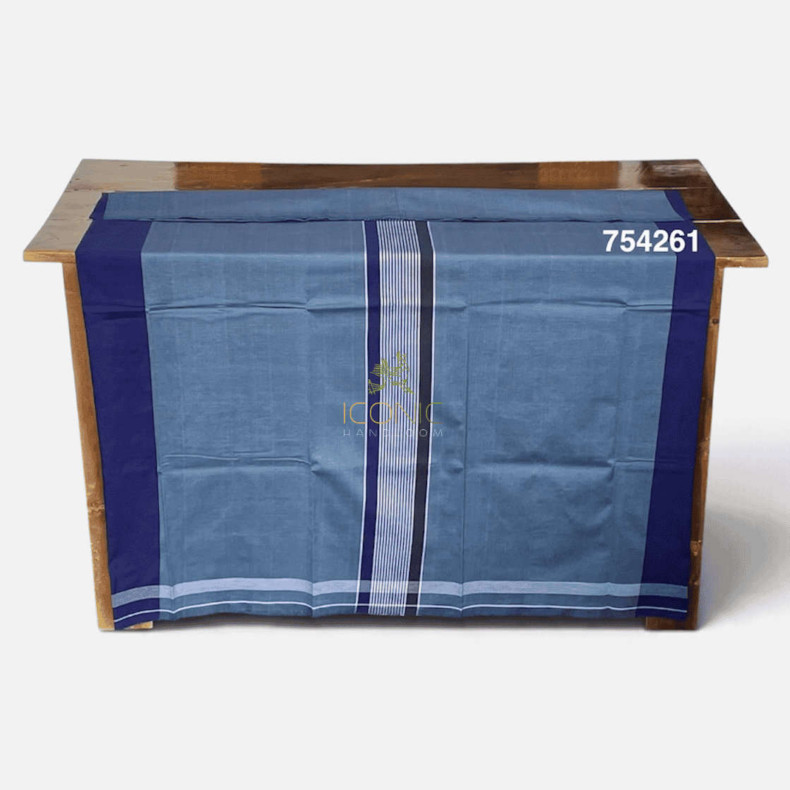 Handloom Cotton Sarong - Royal Blue, Steel Blue and Slate Blue with Silver -  ICS 754261